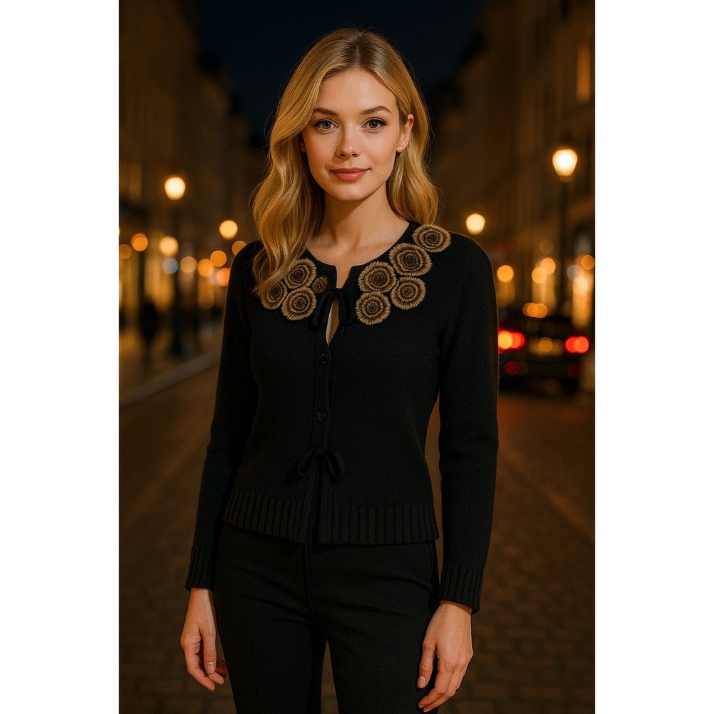 Black Faux Fur Rosette Trim Cardigan Sweater Gaby & Eden‎ Size L